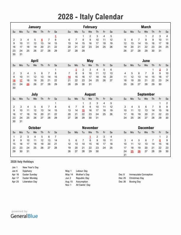 Year 2028 Simple Calendar With Holidays in Italy