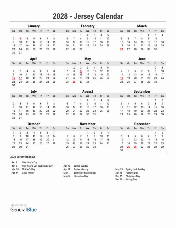 Year 2028 Simple Calendar With Holidays in Jersey