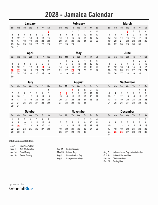 Year 2028 Simple Calendar With Holidays in Jamaica