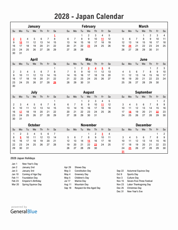 Year 2028 Simple Calendar With Holidays in Japan