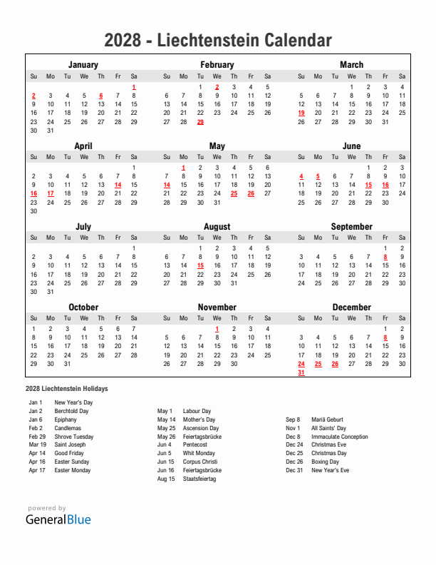 Year 2028 Simple Calendar With Holidays in Liechtenstein