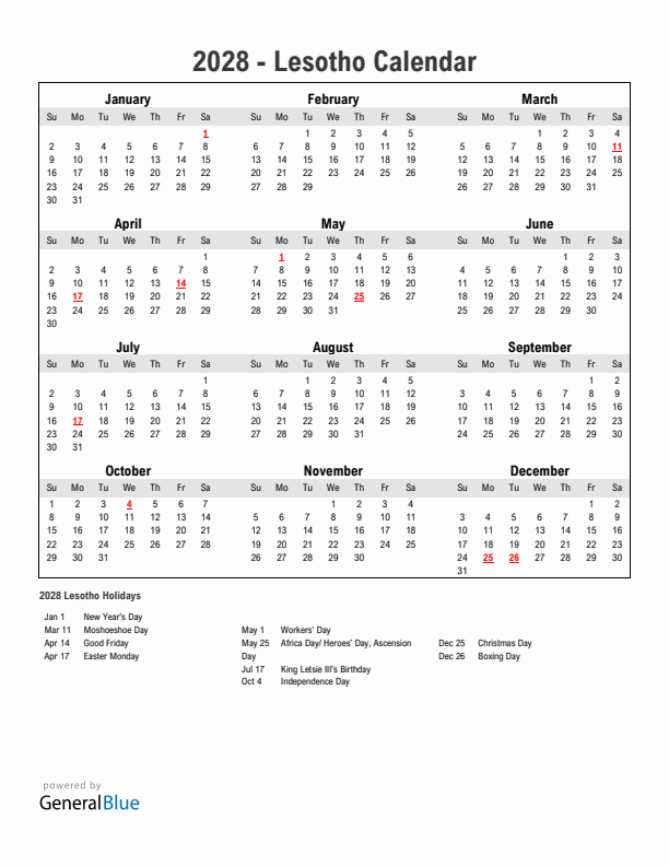 Year 2028 Simple Calendar With Holidays in Lesotho