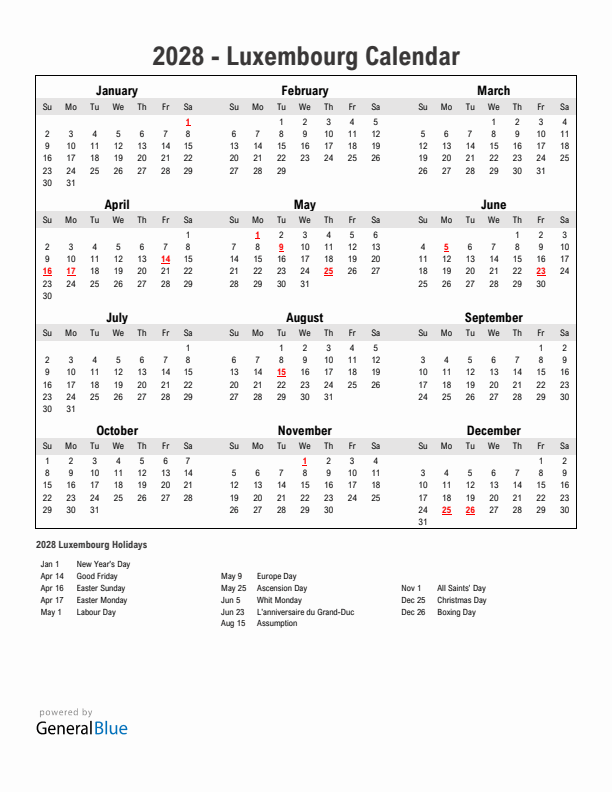 Year 2028 Simple Calendar With Holidays in Luxembourg