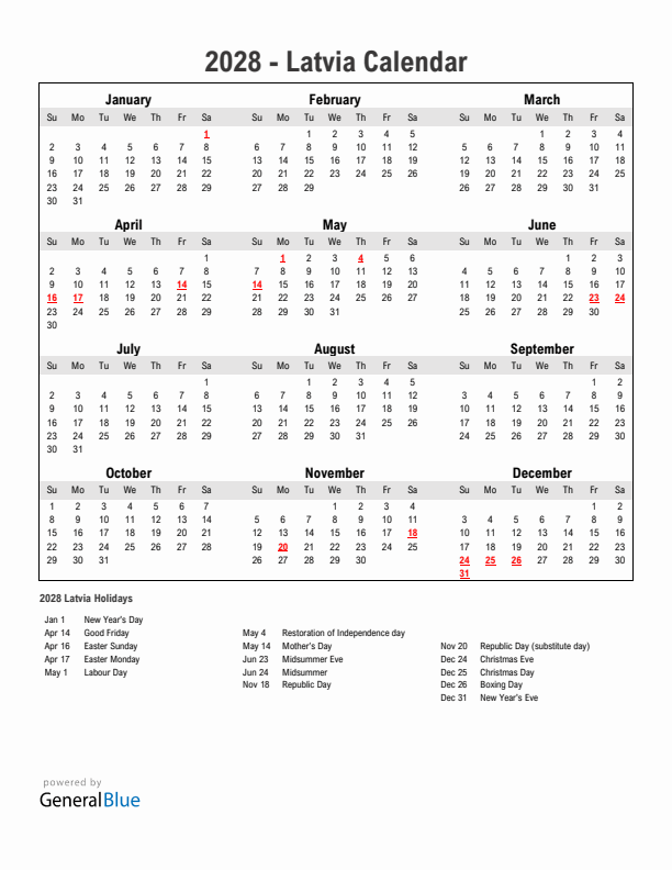 Year 2028 Simple Calendar With Holidays in Latvia
