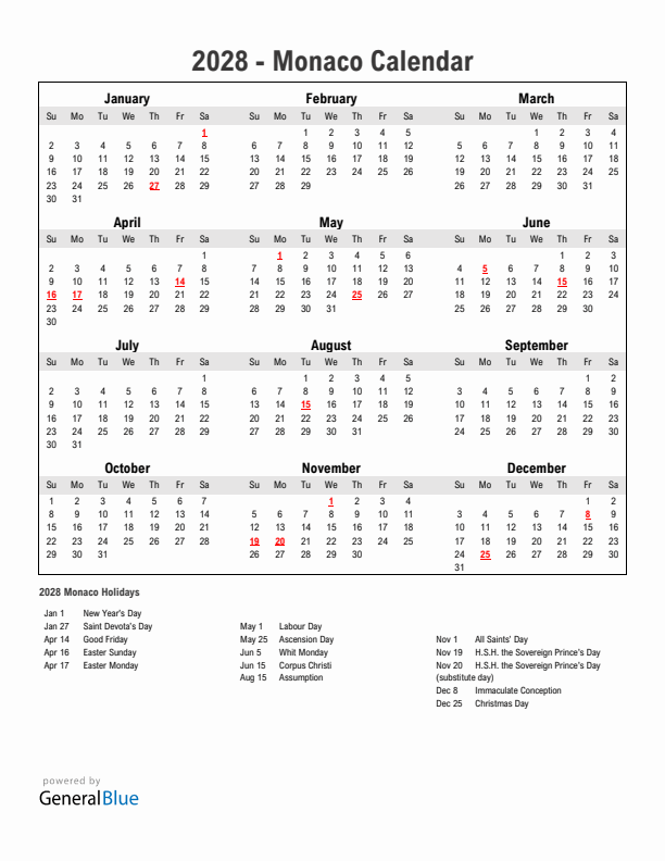 Year 2028 Simple Calendar With Holidays in Monaco