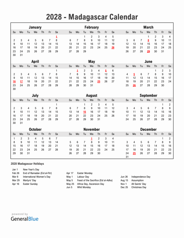 Year 2028 Simple Calendar With Holidays in Madagascar