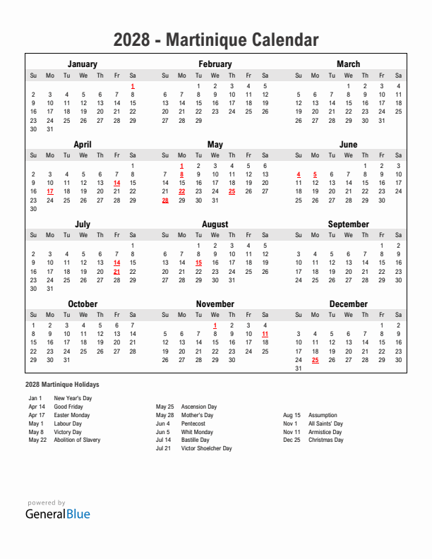 Year 2028 Simple Calendar With Holidays in Martinique