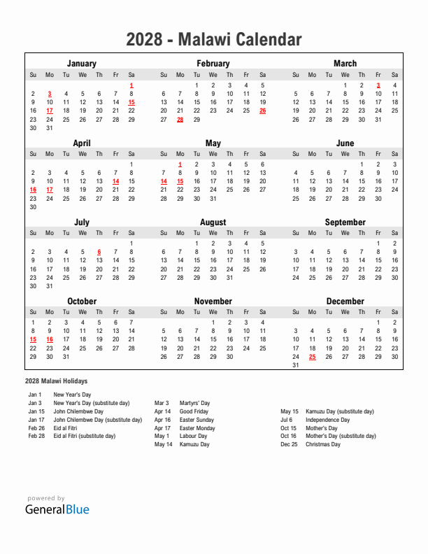 Year 2028 Simple Calendar With Holidays in Malawi