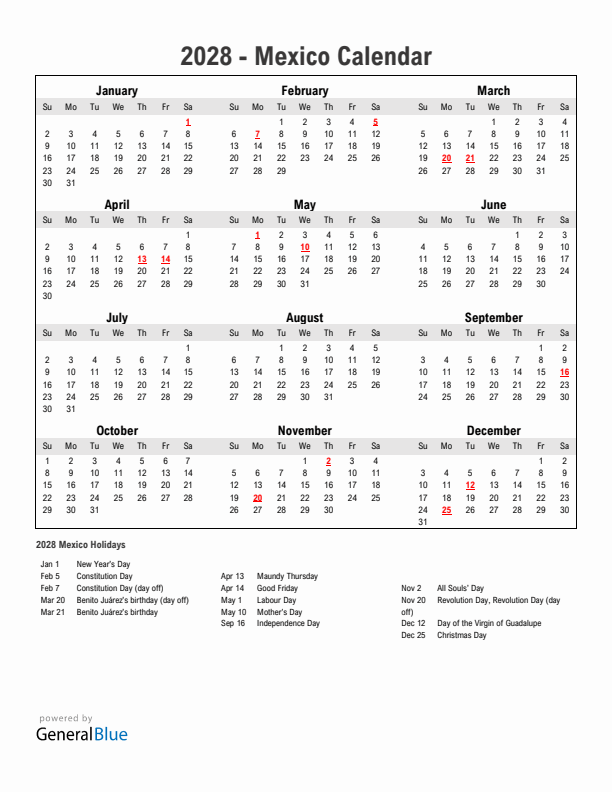 Year 2028 Simple Calendar With Holidays in Mexico