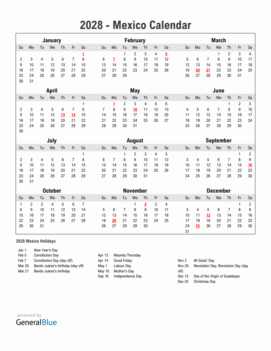 Year 2028 Simple Calendar With Holidays in Mexico