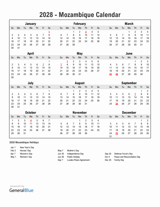 Year 2028 Simple Calendar With Holidays in Mozambique