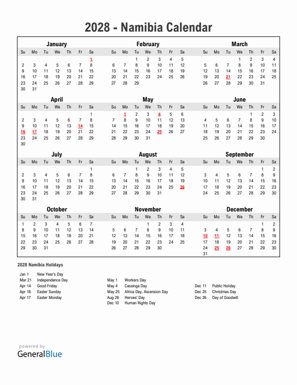 Year 2028 Simple Calendar With Holidays in Namibia