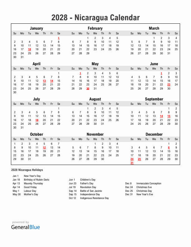 Year 2028 Simple Calendar With Holidays in Nicaragua