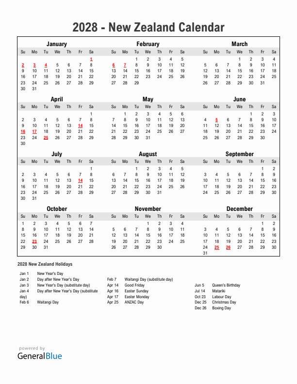 Year 2028 Simple Calendar With Holidays in New Zealand