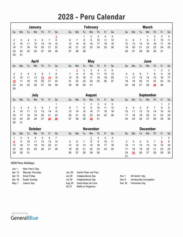 Year 2028 Simple Calendar With Holidays in Peru