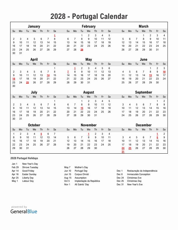 Year 2028 Simple Calendar With Holidays in Portugal
