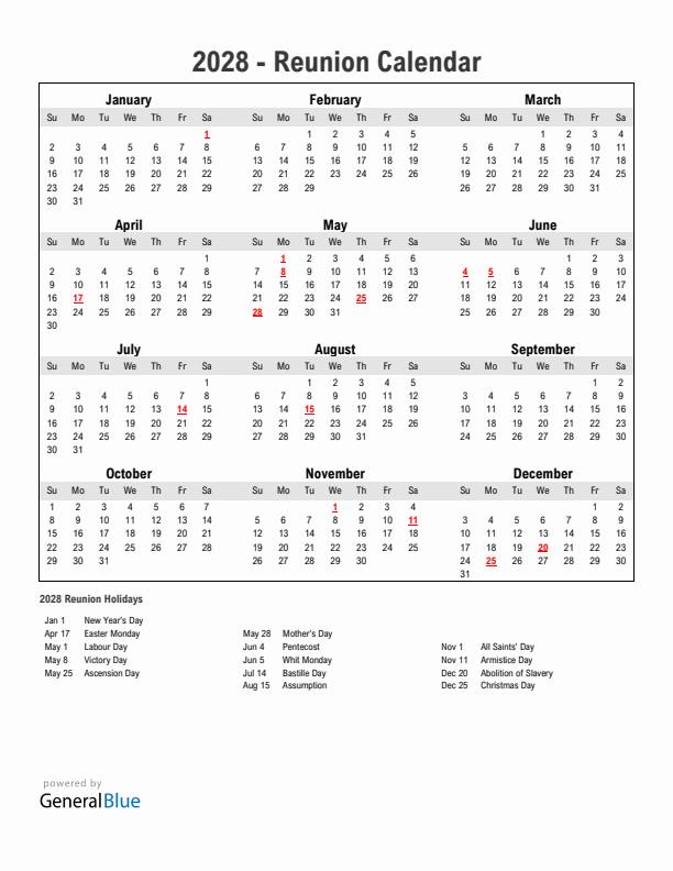 Year 2028 Simple Calendar With Holidays in Reunion