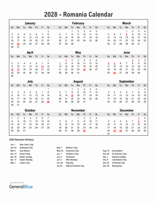 Year 2028 Simple Calendar With Holidays in Romania