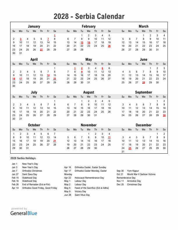 Year 2028 Simple Calendar With Holidays in Serbia