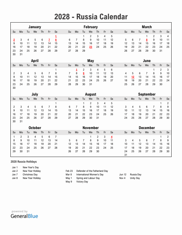 Year 2028 Simple Calendar With Holidays in Russia