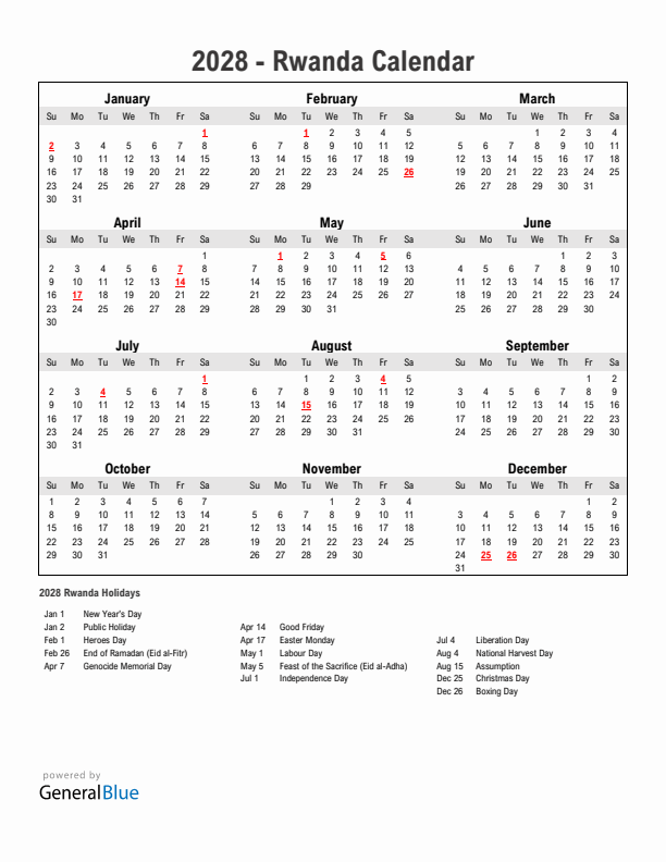 Year 2028 Simple Calendar With Holidays in Rwanda