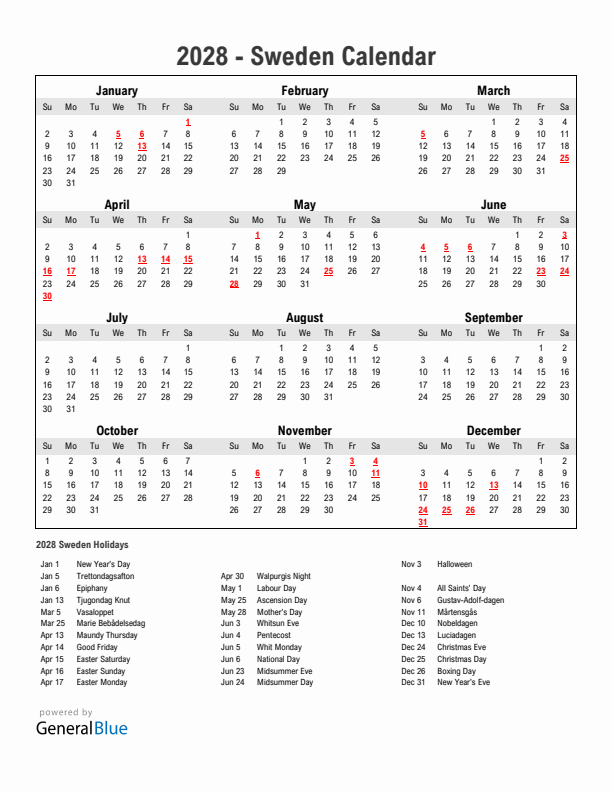 Year 2028 Simple Calendar With Holidays in Sweden