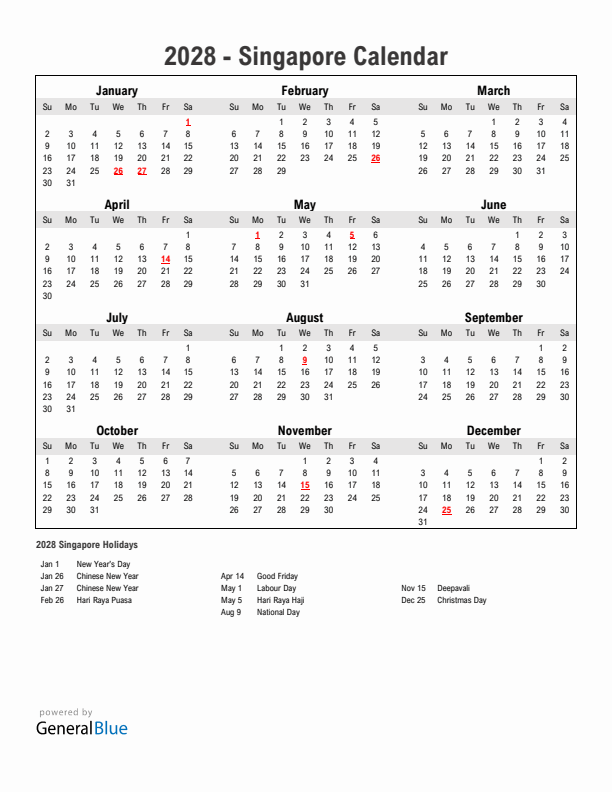 Year 2028 Simple Calendar With Holidays in Singapore