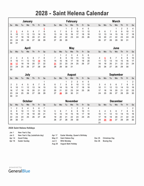 Year 2028 Simple Calendar With Holidays in Saint Helena
