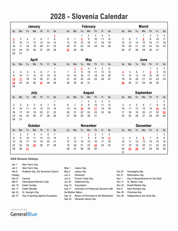 Year 2028 Simple Calendar With Holidays in Slovenia