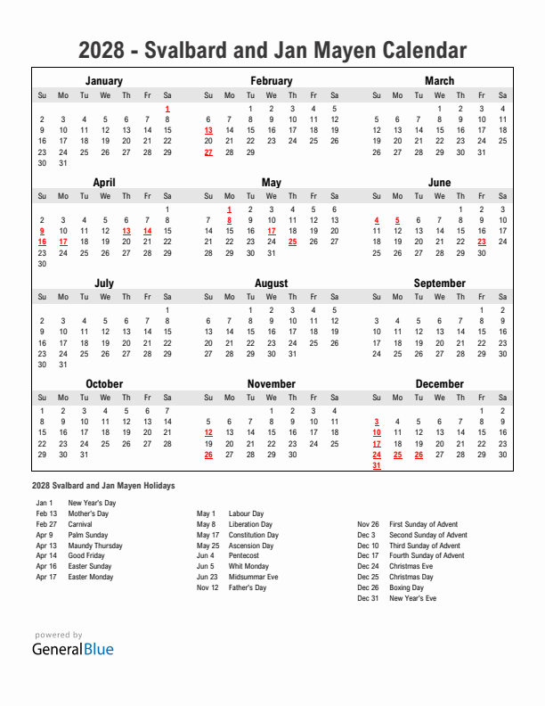 Year 2028 Simple Calendar With Holidays in Svalbard and Jan Mayen