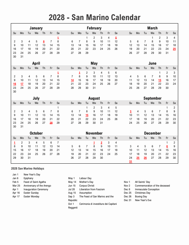 Year 2028 Simple Calendar With Holidays in San Marino