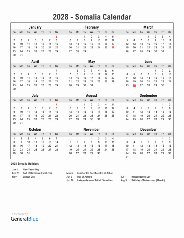 Year 2028 Simple Calendar With Holidays in Somalia