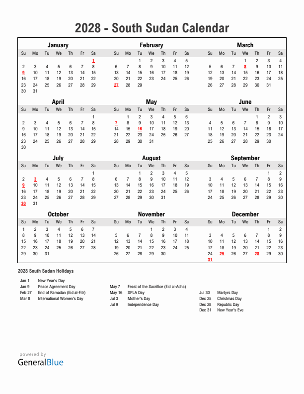 Year 2028 Simple Calendar With Holidays in South Sudan