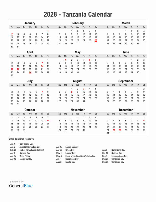 Year 2028 Simple Calendar With Holidays in Tanzania