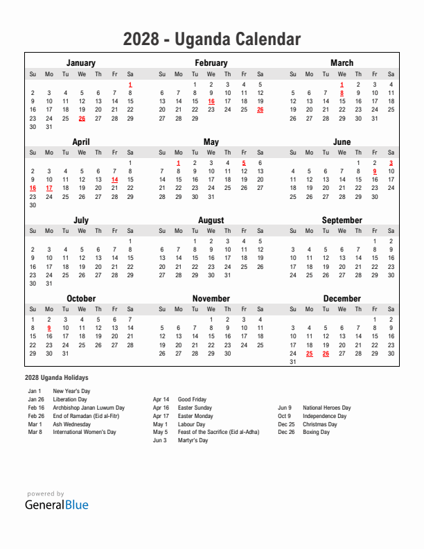 Year 2028 Simple Calendar With Holidays in Uganda