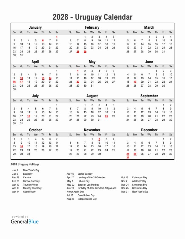 Year 2028 Simple Calendar With Holidays in Uruguay