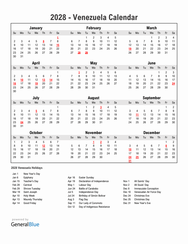 Year 2028 Simple Calendar With Holidays in Venezuela