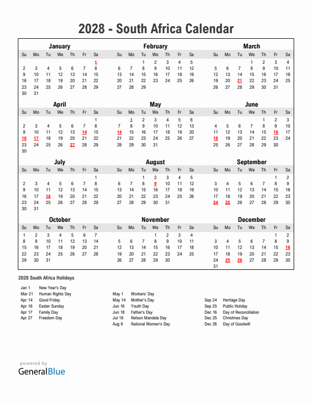 Year 2028 Simple Calendar With Holidays in South Africa