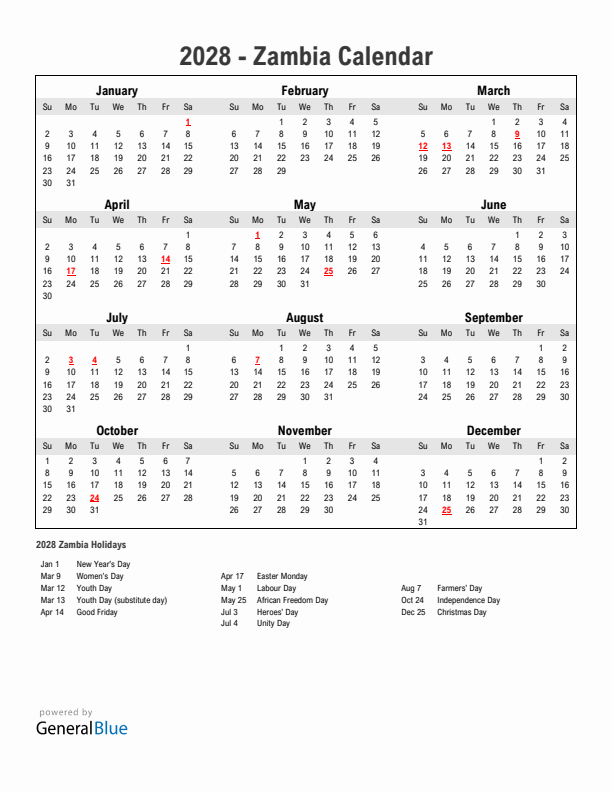 Year 2028 Simple Calendar With Holidays in Zambia