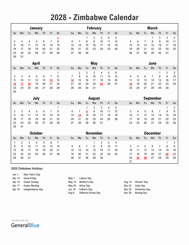 Year 2028 Simple Calendar With Holidays in Zimbabwe