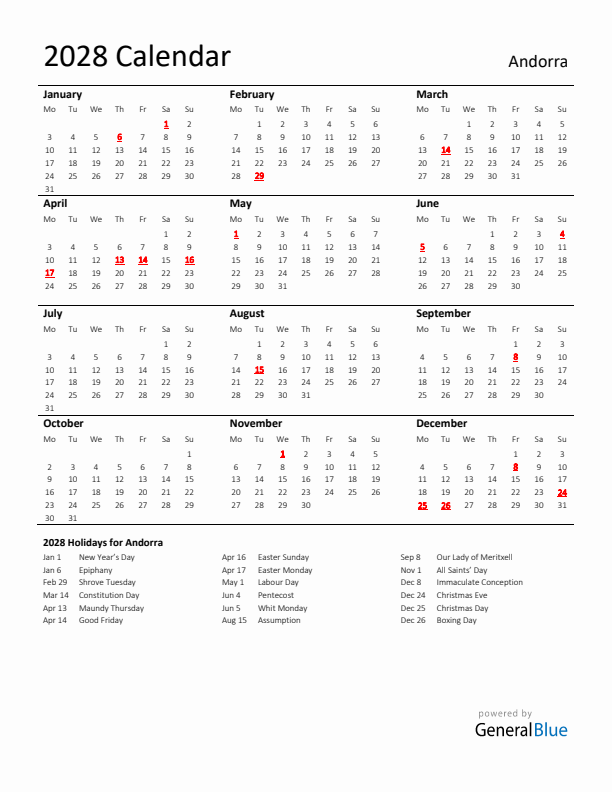 Standard Holiday Calendar for 2028 with Andorra Holidays 