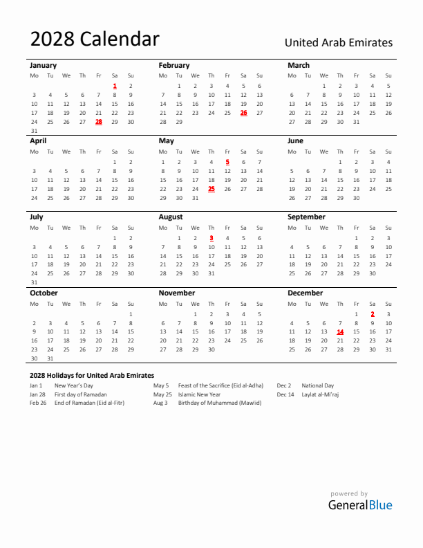Standard Holiday Calendar for 2028 with United Arab Emirates Holidays 