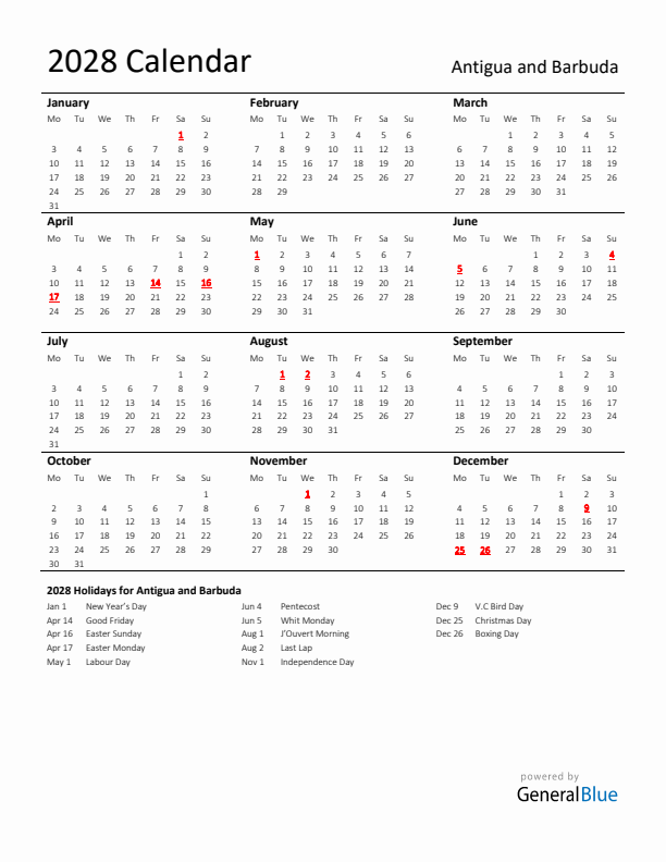 Standard Holiday Calendar for 2028 with Antigua and Barbuda Holidays 