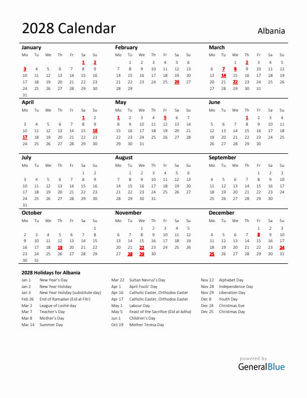 Standard Holiday Calendar for 2028 with Albania Holidays 