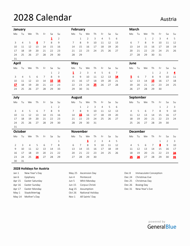 Standard Holiday Calendar for 2028 with Austria Holidays 