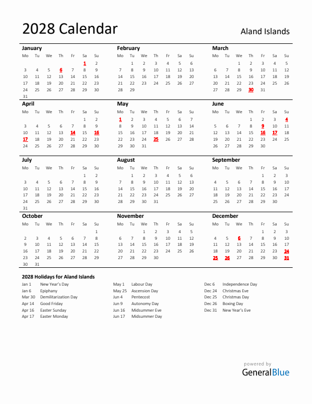 Standard Holiday Calendar for 2028 with Aland Islands Holidays 