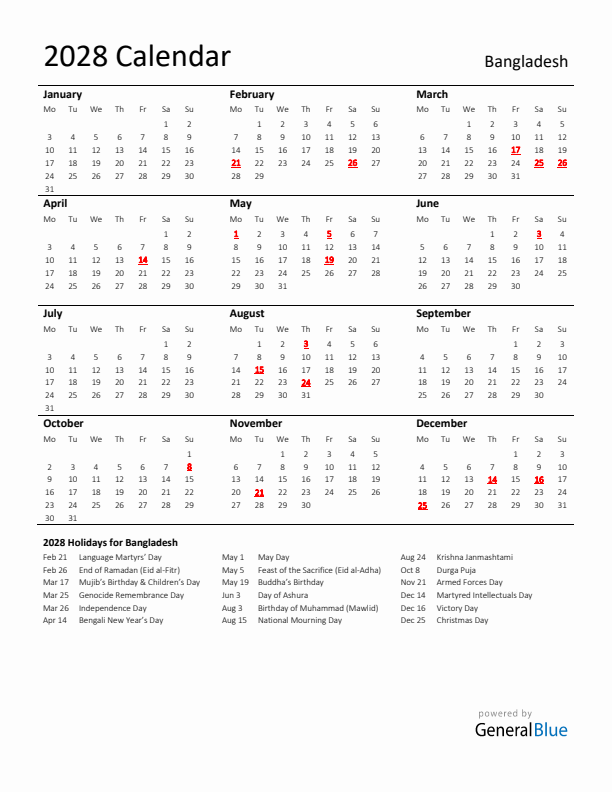 Standard Holiday Calendar for 2028 with Bangladesh Holidays 