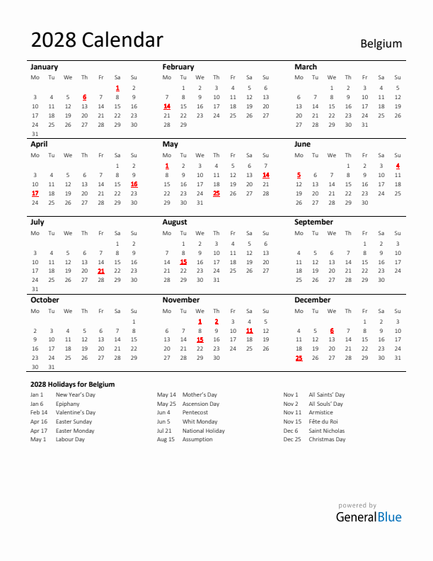 Standard Holiday Calendar for 2028 with Belgium Holidays 