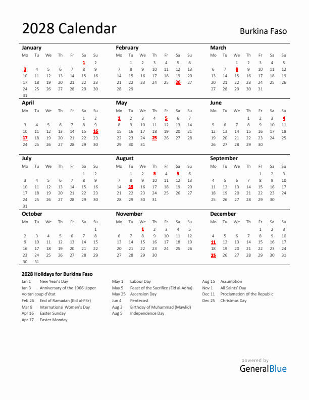 Standard Holiday Calendar for 2028 with Burkina Faso Holidays 