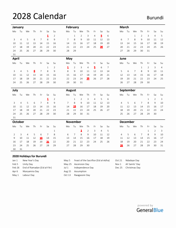 Standard Holiday Calendar for 2028 with Burundi Holidays 
